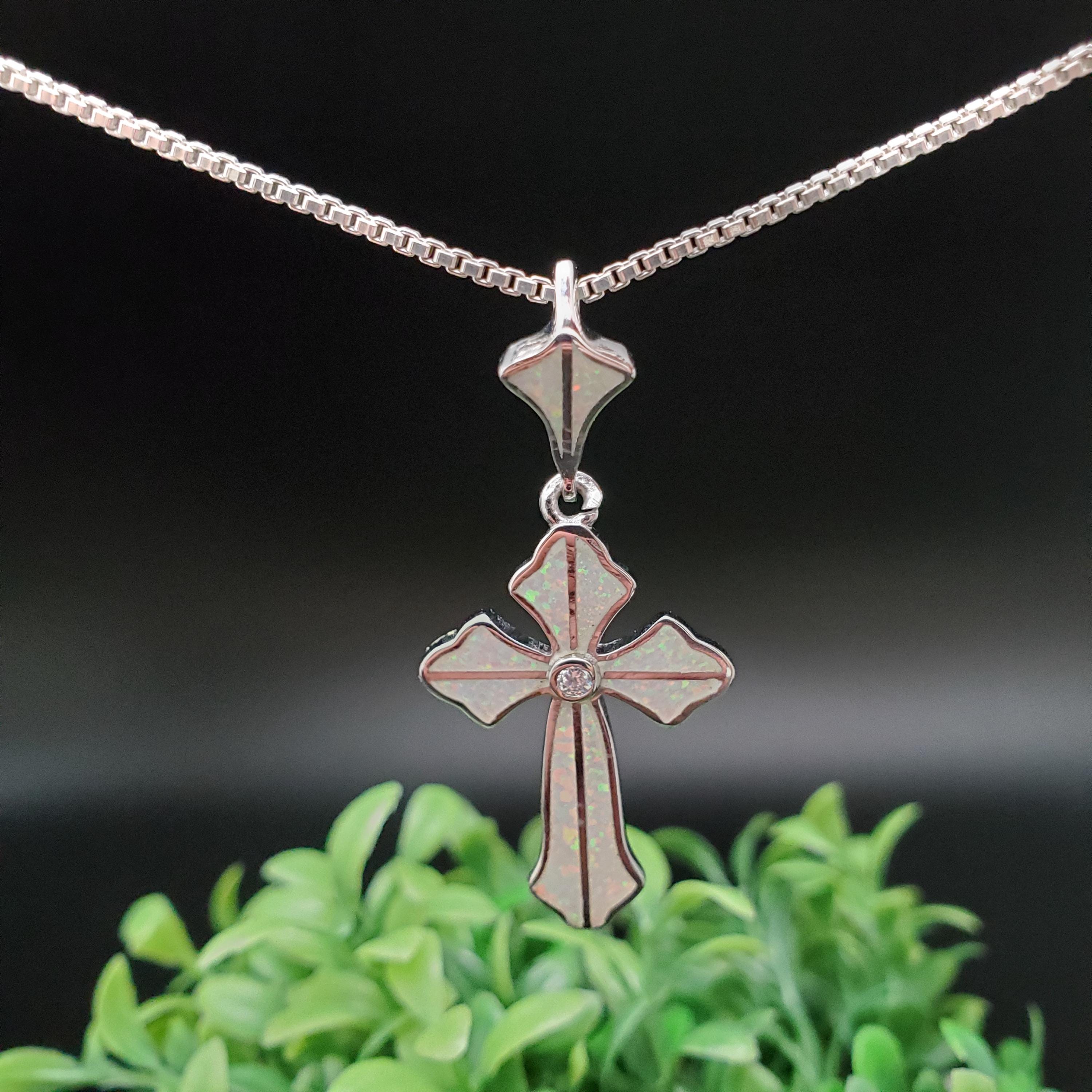 ♡Q♡ QQ-497 | CZ White Opal Inlay Cross Necklace Pendant | Sterling