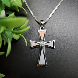QQ-518 | White Topaz Fire Opal Inlay Cross Necklace Pendant Option of Silver Chain Necklace | Sterling Silver White Opal Holy Cross Pendant