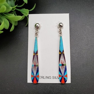 QQ-238 | Long Multicolor Southwestern Inlay Earrings | Sterling Silver Southwest Earring Posts | Colorful Drop  Earrings | Colors Earrings