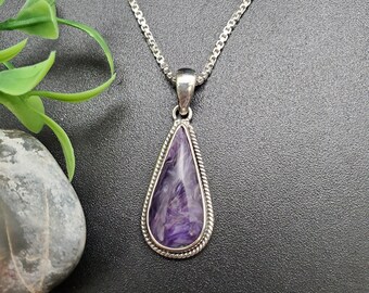 FFD #564 | Handmade Southwest Purple Charoite Necklace Pendant With Option of Silver Chain | Sterling Silver Teardrop Charoite Pendant