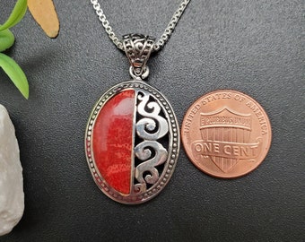 QQ-551 | Schöne rote Koralle Inlay Halskette Anhänger Option mit Silber Kette | Sterling Silber Rote Koralle Anhänger Halskette | Geschenk für Sie