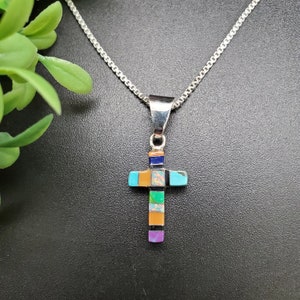 QQ-346 | 2 Sides Blue Opal, Multicolor Inlay Cross Necklace Pendant | Sterling Silver Blue Opal Cross Pendant | Silver Opal Cross Necklace