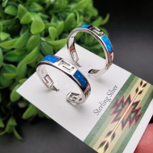 QQ-802 | Lovely Blue Opal Inlay Hoop Earring Posts | Sterling Silver Inlay Fire Opal Hoop Earrings | Opal Southwest Earrings | Gift For Her