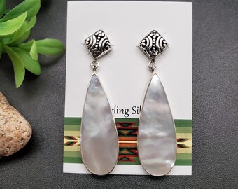 JJS-635 | White Mother of Pearl Dangle Earrings | Sterling Silver White Shell Earrings | Lovely White Mother of Pearl Inlay Earrings