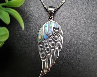 FF #091 | Großer Abalone Muschel Engel Flügel Halskette Anhänger | Sterling Silber Inlay Abalone Flügel Anhänger | Balinesische Flügel Schmuck | Geschenk für Sie