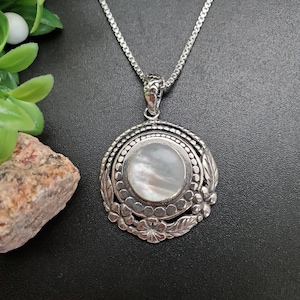 FFD #447 | White Mother of Pearl Concho Necklace Pendant Option With Silver Chain | Sterling Silver White Shell Inlay Pendant Necklace
