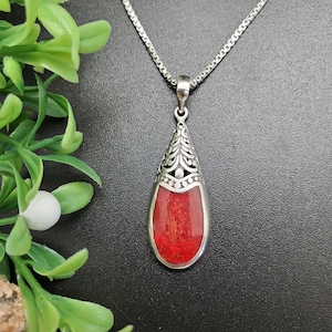 FFD #376 | Teardrop Red Coral Necklace Pendant Option With Silver Chain | Sterling Silver Red Coral Pendant | Balinese Red Coral Jewelry