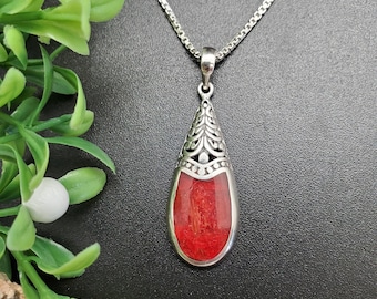 FFD #376 / Opzione pendente collana in corallo rosso a goccia con catena in argento / Ciondolo in corallo rosso in argento sterling / Gioielli in corallo rosso balinese