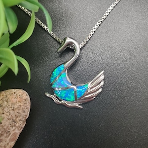QQ-374 | Blue Opal Inlay Swan Pendant Necklace | Sterling Silver Blue Opal Swan Necklace Pendant | Silver Opal Swan Princess Pendant