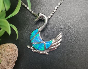 QQ-374 | Blue Opal Inlay Swan Pendant Necklace | Sterling Silver Blue Opal Swan Necklace Pendant | Silver Opal Swan Princess Pendant