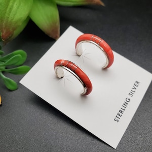 HEP17 | Lovely Orange Spiny Oyster Inlay Hoop Earring Posts | Sterling Silver Orange Shell Earrings | Oyster Earrings | Southwest Earrings