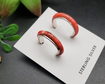 HEP17 | Lovely Orange Spiny Oyster Inlay Hoop Earring Posts | Sterling Silver Orange Shell Earrings | Oyster Earrings | Southwest Earrings