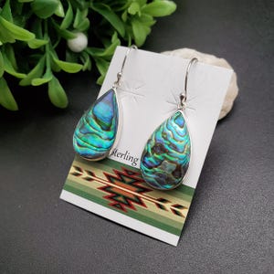 FFD #049 | Abalone Shell Inlay Dangle Earrings | Sterling Silver Abalone Shell Earrings | Teardrop Paua Shell Earrings | Simple Earrings
