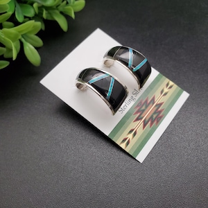 QQ-431 | Lovely Opal, Black Onyx Earring Posts | Sterling Silver Inlay Multicolor Inlay Hoop Earrings | Opal Black Onyx Southwest Earrings