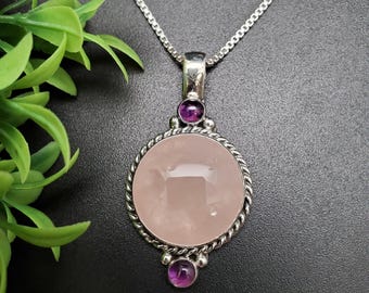 QQ-878 / Precioso colgante de collar de cuarzo rosa y amatista / Colgante de cuarzo rosa de plata esterlina / Collar con colgante de 3 piedras preciosas, regalo para ella