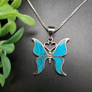 QQ-211C | Turquoise Butterfly Necklace Pendant | Sterling Silver Turquoise Butterfly Pendant | Silver Butterfly Necklace | Gift For Her