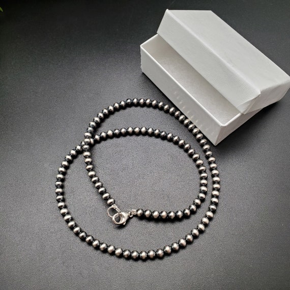 QQ-249 | 4 mm 南西部ナバホパール シルバービーズネックレス 17.5