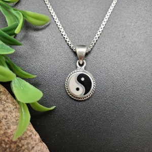 ATS-AYU109 | Lovely Black White Inlay Yin Yang Necklace Pendant Option With Silver Chain | Sterling Silver Yin and Yang Pendant Gift For Her