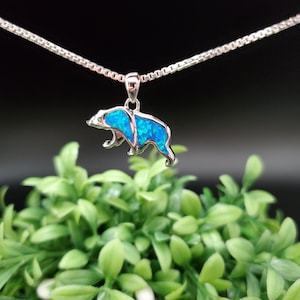 QQ-511 | Blue Opal Inlay Bear Pendant Necklace | Sterling Silver Blue Opal Zuni Bear Necklace Pendant | Silver Opal Bear Pendant Lovely Gift