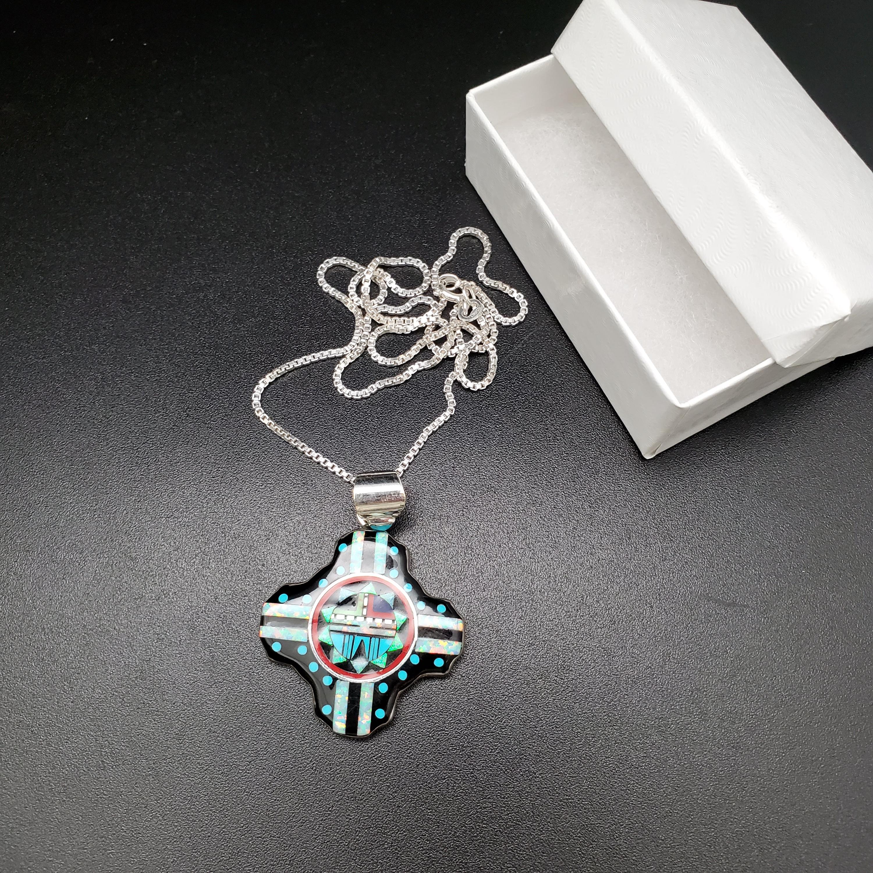 アクセサリー CIMA QQ-526 | Multicolor Inlay Zia Necklace Pendant Option With Silver
