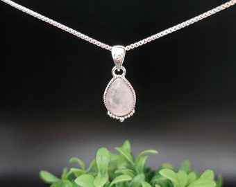 QQ-127 | Pink Rose Quartz Necklace Pendant Option of Silver Chain Necklace | Sterling Silver Rose Quartz Teardrop Pendant Necklace