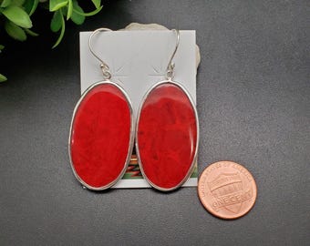ATS-AYU167 | Red Coral Inlay Dangle Earrings | Sterling Silver Red Coral Earrings | Coral Triangle Shape Earrings | Big Red Simple Earrings