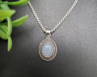 QQ-881 | Dainty Blue Lace Agate Necklace Pendant Option of Silver