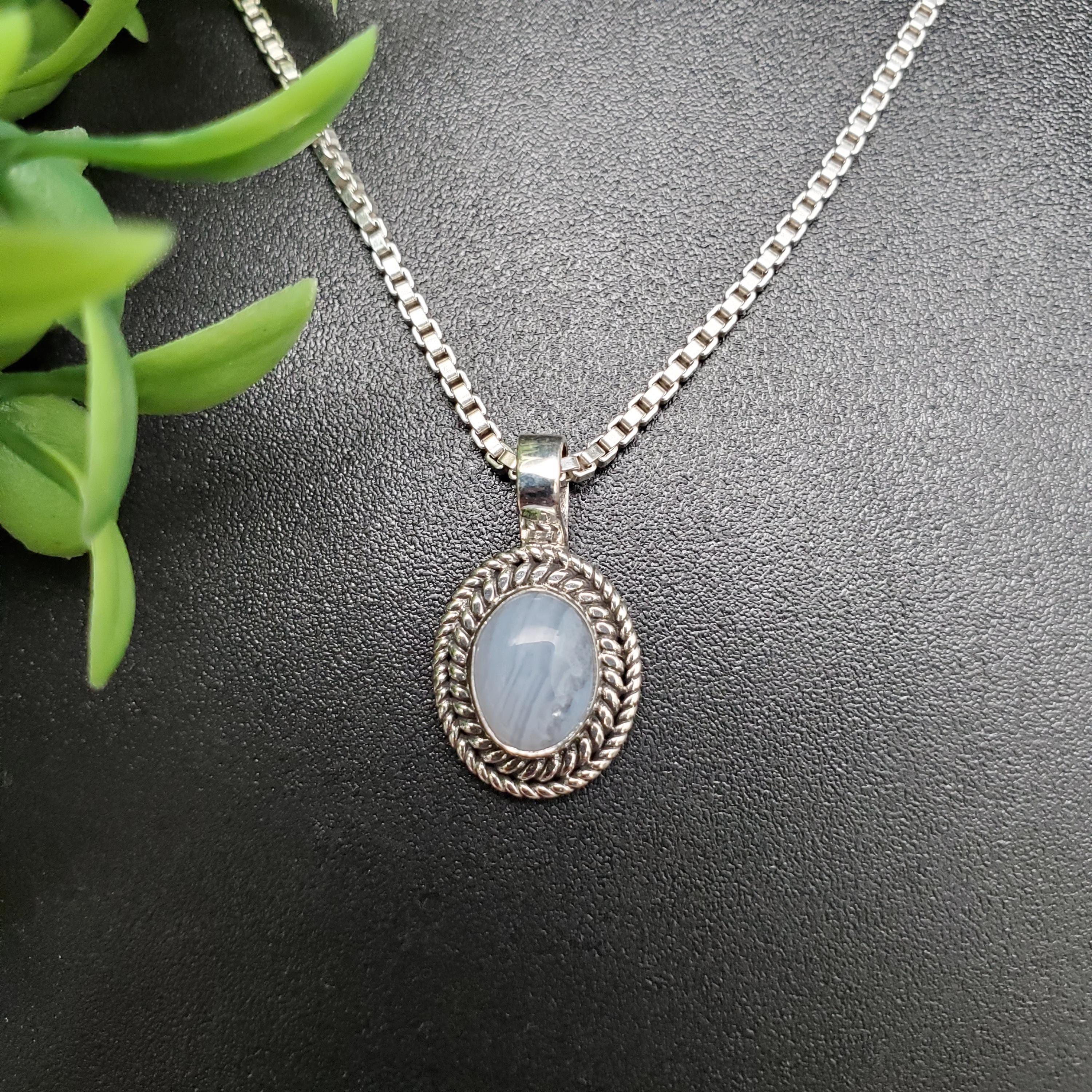 QQ-881 | Dainty Blue Lace Agate Necklace Pendant Option of Silver
