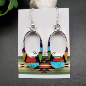 QQ-392 | Unique Multicolor Inlay Earrings | Sterling Silver Southwestern Earrings | Colorful Inlay Dangle Earrings | Colors Stone Earrings