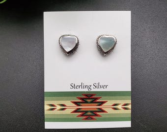QQ-728 | Dainty Heart Inlay White Mother of Pearl Earrings | Sterling Silver White Shell Heart Studs | Lovely Heart Posts | Heart Studs