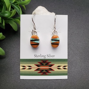 QQ-402 | Dainty Multicolor Inlay Oval Earrings | Sterling Silver Southwestern Inlay Earrings | Inlay Multicolor Drop Earrings | Gift For Her