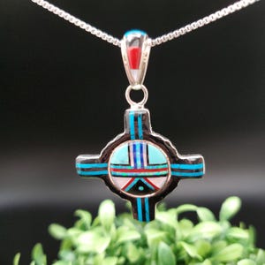 QQ-524 | Multicolor Inlay Zia Necklace Pendant Option With Silver Chain | Sterling Silver Zia Pendant Necklace | Big ABQ NM Zia Necklace