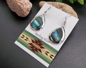 FFD #513 | Abalone Shell Inlay Teardrop Dangle Earrings | Sterling Silver Abalone Shell Earrings | Dainty Paua Shell Earrings | Gift For Her