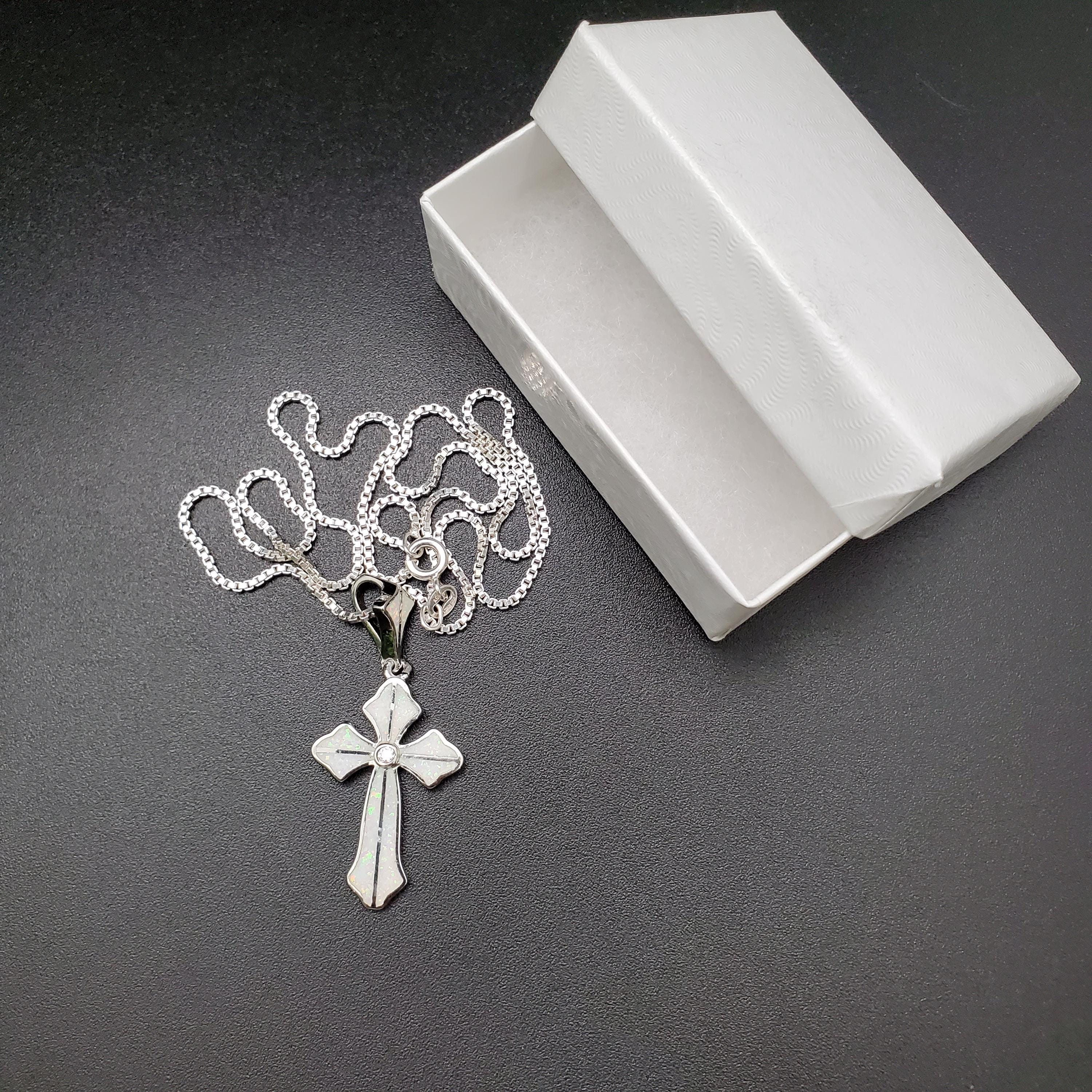 QQ-497 | CZ White Opal Inlay Cross Necklace Pendant | Sterling