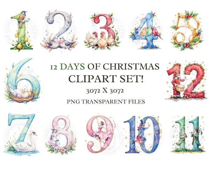 12 Days of Christmas Clipart, Calling Birds Twelve Days of Xmas, 12 ...