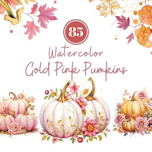 Watercolor Golden Pink Pumpkin Clipart PNG Bundle | Autum Floral Pumpkins | Holiday Autumn Fall Clipart |  Instant Download | Commercial Use