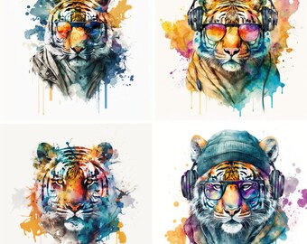 Tiger Clipart | Hipstertigrar | 10 högkvalitativa PNG-bilder | Digital nedladdning | Kommersiellt bruk | 300 DPI