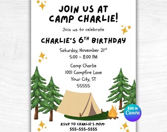 Einladung zum Camping-Geburtstag | Einladung zur Camping-Geburtstagsfeier | Einladung zur Campingparty | Bearbeitbare Canva-Vorlage | Druckbare Geburtstagseinladung