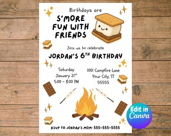 S’more Fun Kids Birthday Invitation | Editable Bonfire Party Template | Smores Campfire Invite | Canva Template