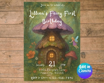 Fairy Birthday Invitation | Woodland Garden Party Invite | Mushroom Fairy House Editable Canva Template | Enchanted Digital Invite