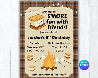 S'more Fun Camping Birthday Editable Invitation | Kids Campfire Plaid Invite | Backyard Bonfire Kids Birthday | Printable Canva Template