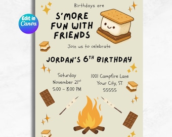 S’more Fun with Friends Backyard Bonfire Kids Birthday Invitation | Smores Campfire Birthday | Editable & Printable Canva Template
