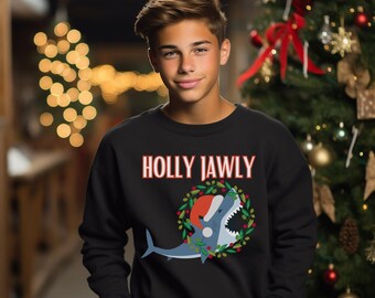 Youth Holly Jawly Christmas Shark Sweatshirt, Holly Jawly Christmas Sweater, Holly Jawly Christmas, Shark Christmas Shirt, Holly Jawly Shirt