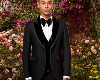 4-Piece Black or White Peak lapel Tuxedo with Velvet Vest and Pants & Bowtie - Model 4840-1/4