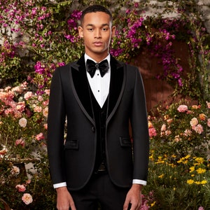 4-Piece Black or White Peak lapel Tuxedo with Velvet Vest and Pants & Bowtie - Model 4840-1/4
