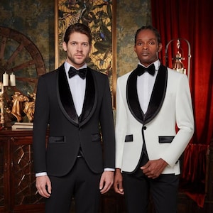 4-Piece Black or White Shall Lapel Tuxedo with Velvet Vest, Pants and Bowtie - Model 5030-1/4