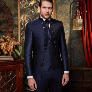 4-Piece Navy European Model Tuxedo with Vest, Pants and Tie - Model 5096-2