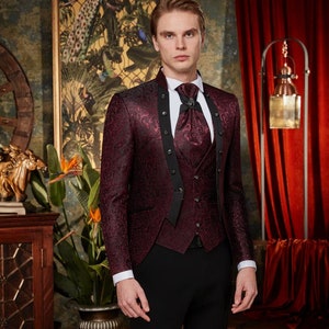 4-Piece Burgundy European Model Tuxedo with Vest, Pants and Tie - Model 5089-6