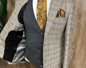 3-Piece Light Gray Notch Lapel Two Button Plaid Suit With Dark Gray Vest and Pants - Model 6614-3