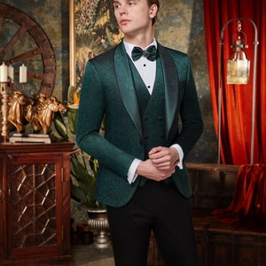 4-Piece Green Shall Lapel Tuxedo with Vest, Pants & Bowtie - Model 5087-7